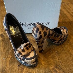 YVES SAINT LAURENT Brown Leopard Pony Hair Platform Loafer 36.5